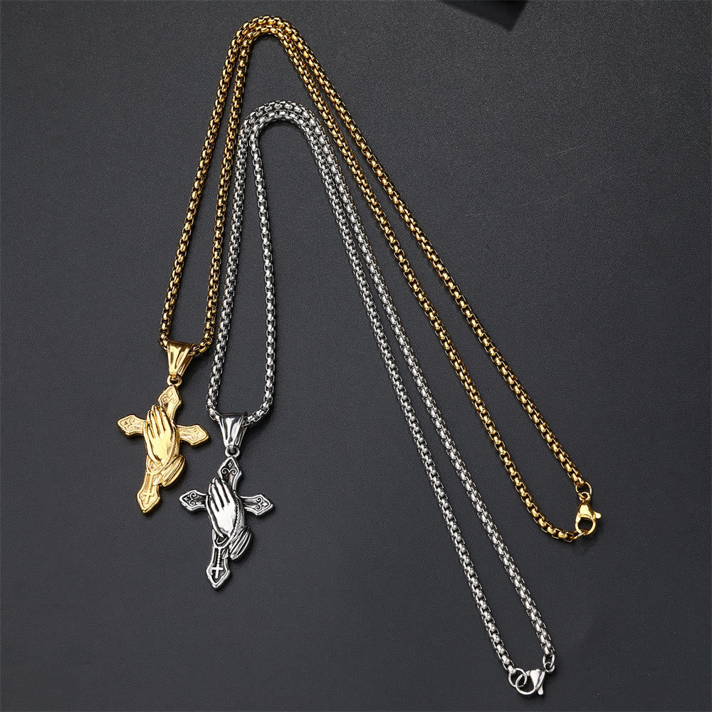 Collar de Acero Inoxidable con Dije de Cruz y Manos Orando