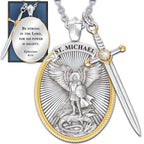 Collar con Dije de San Miguel con Espada y Escudo Ovalado en Dos Tonos