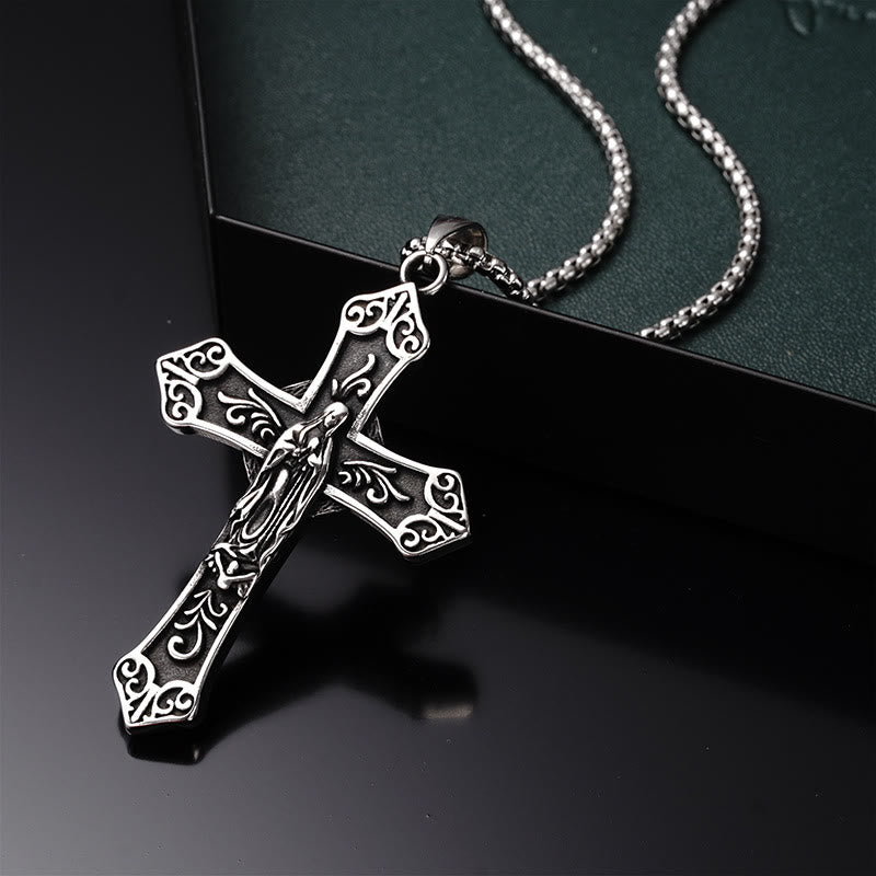 Collar de Titanio con Dije de Cruz de la Virgen María Estilo Retro