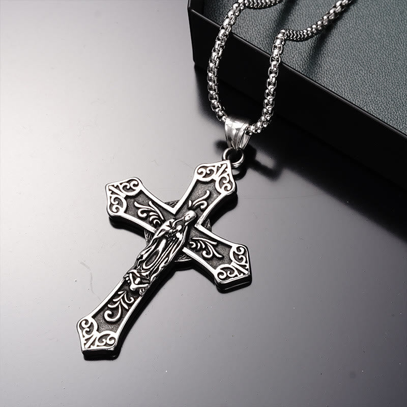 Collar de Titanio con Dije de Cruz de la Virgen María Estilo Retro