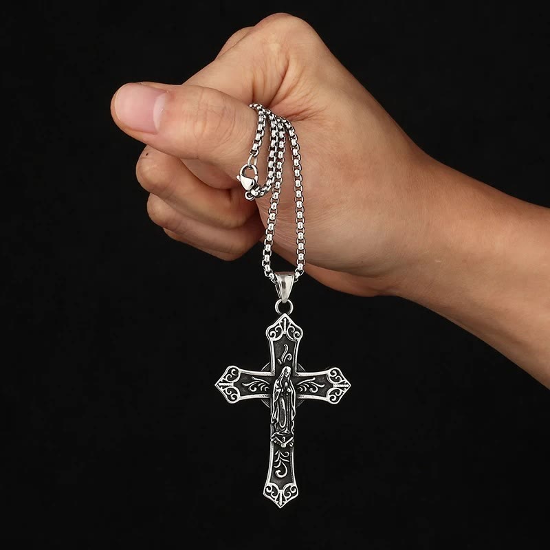 Collar de Titanio con Dije de Cruz de la Virgen María Estilo Retro