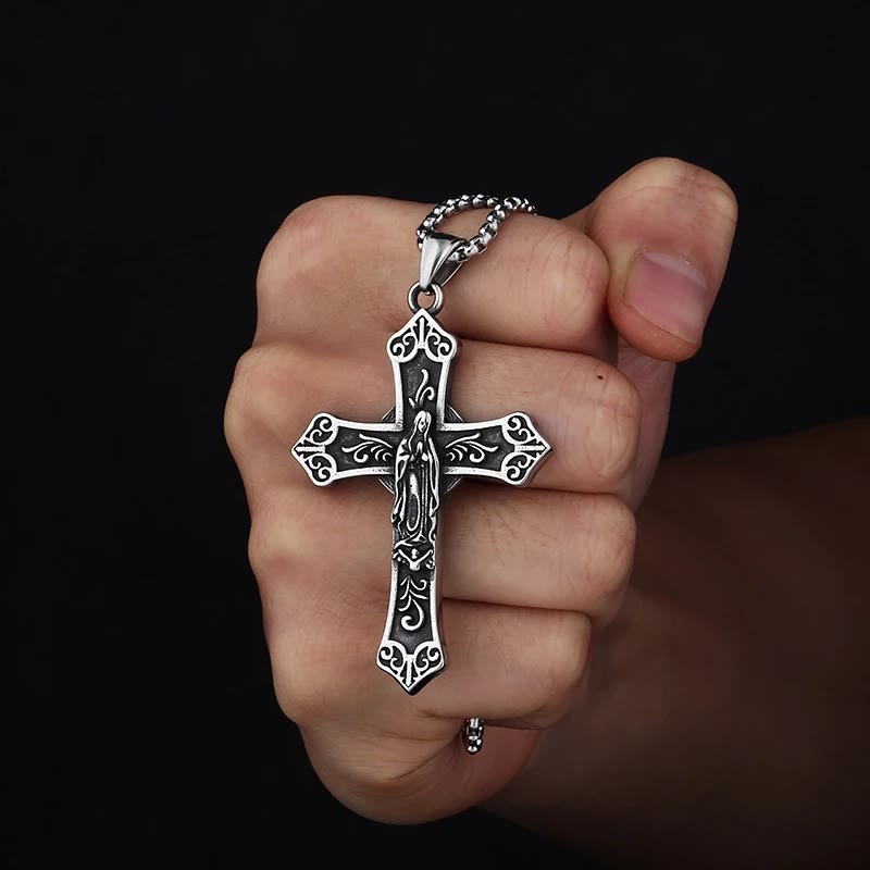 Collar de Titanio con Dije de Cruz de la Virgen María Estilo Retro