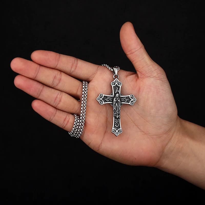 Collar de Titanio con Dije de Cruz de la Virgen María Estilo Retro