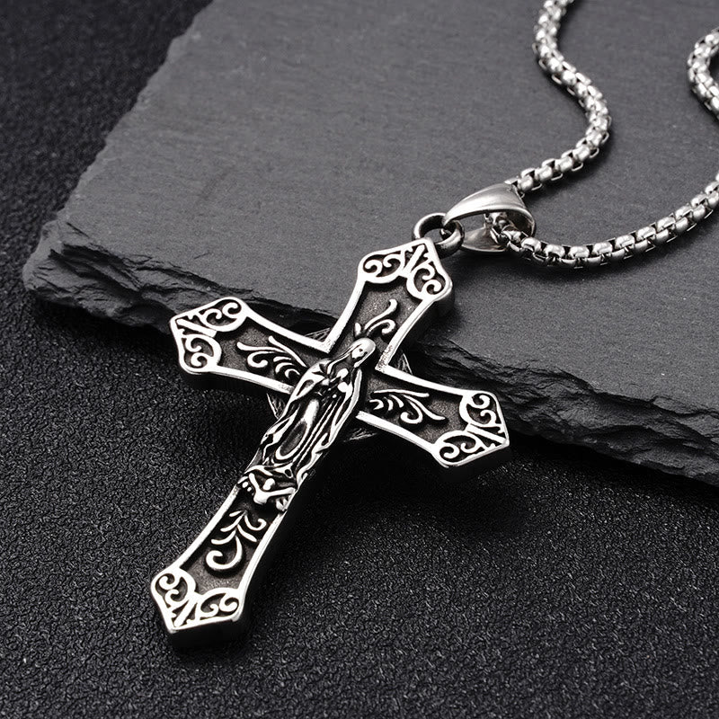 Collar de Titanio con Dije de Cruz de la Virgen María Estilo Retro