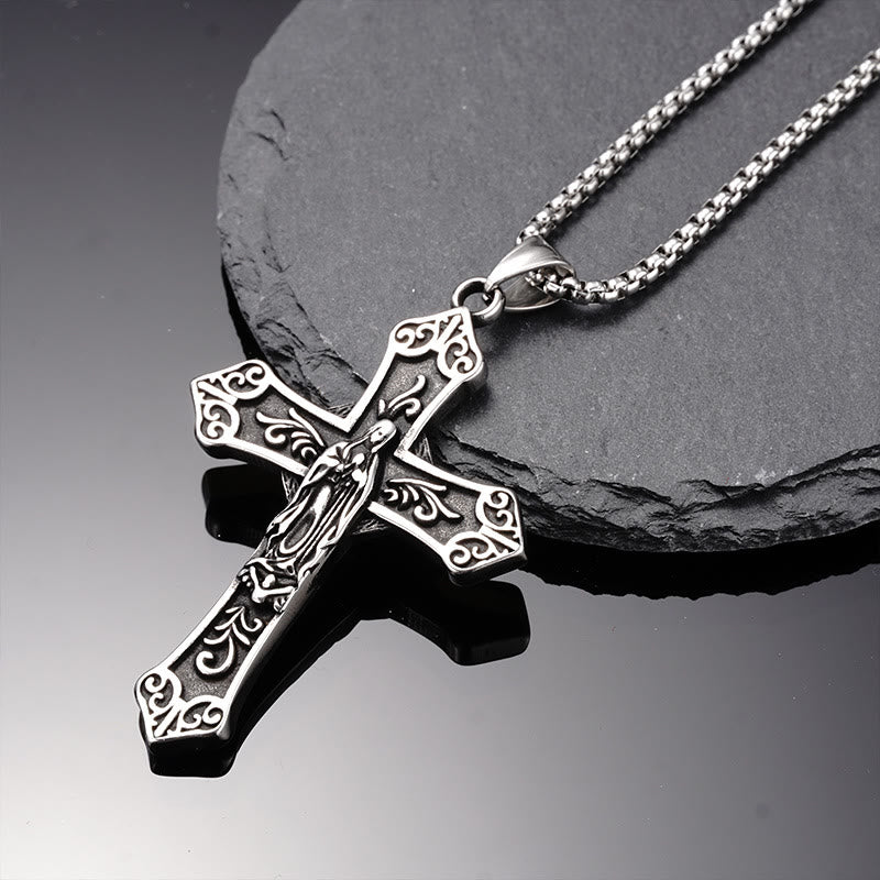 Collar de Titanio con Dije de Cruz de la Virgen María Estilo Retro