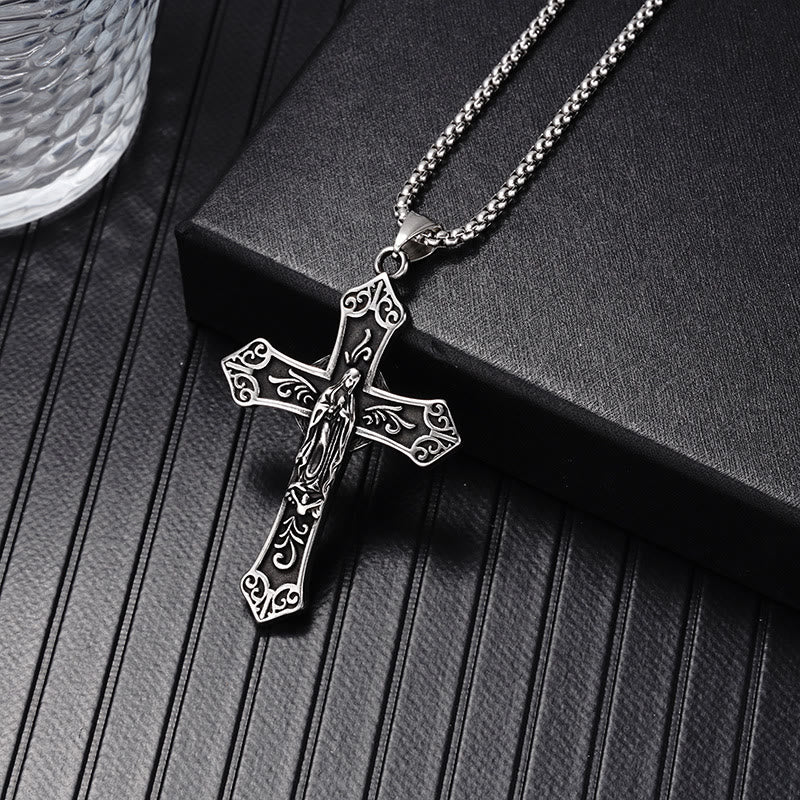 Collar de Titanio con Dije de Cruz de la Virgen María Estilo Retro