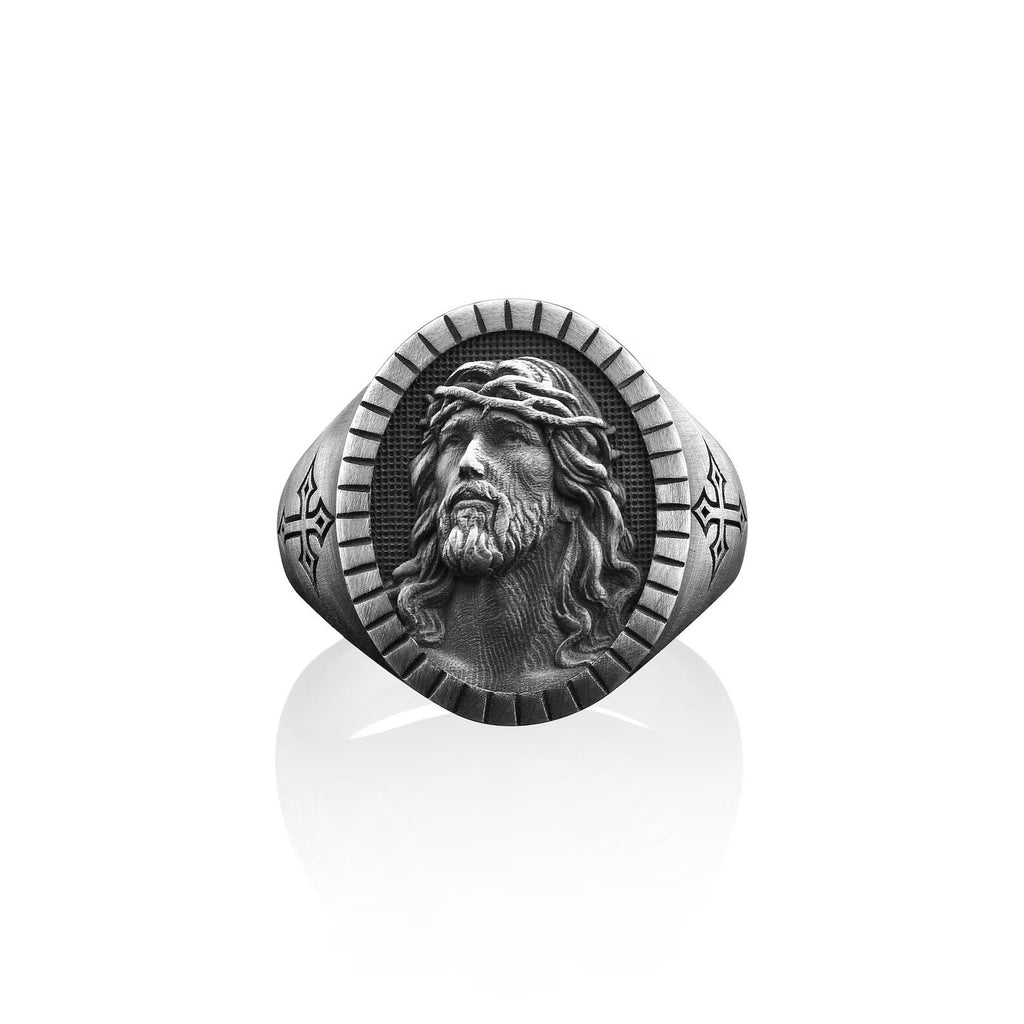 Anillo de Bendición Vintage con Cabeza de Cristo y Cruz