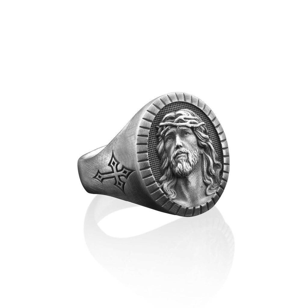 Anillo de Bendición Vintage con Cabeza de Cristo y Cruz