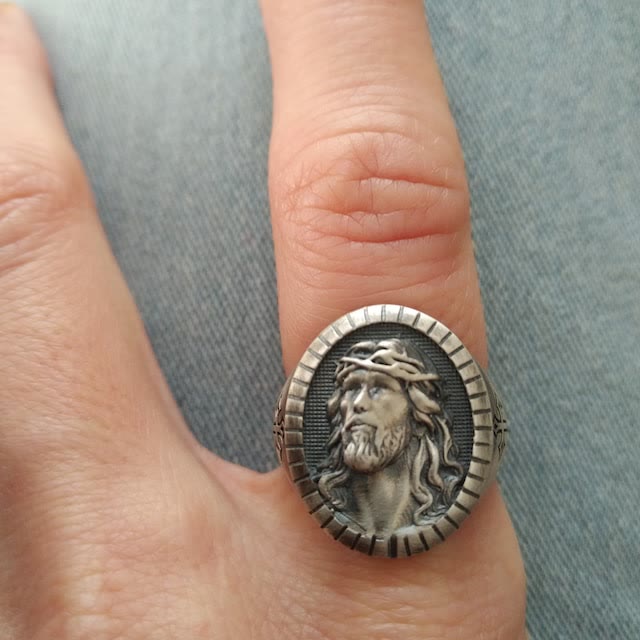 Anillo de Bendición Vintage con Cabeza de Cristo y Cruz