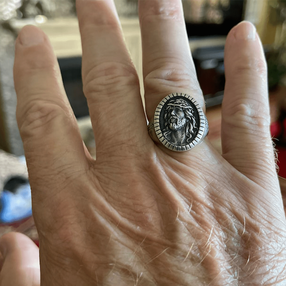 Anillo de Bendición Vintage con Cabeza de Cristo y Cruz