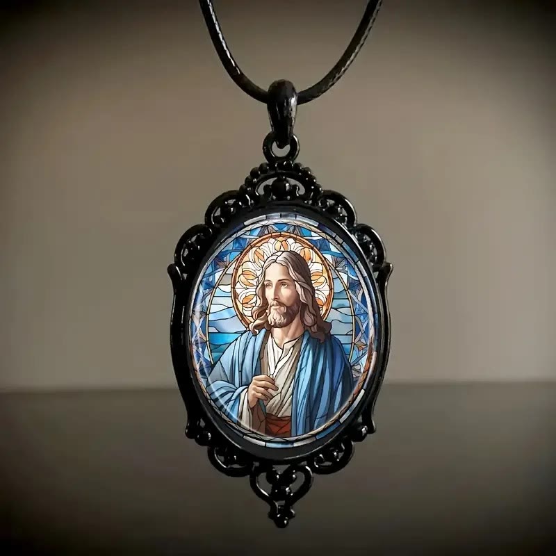 Collar con Dije Ovalado de Cristal de Jesús con Encaje Retro