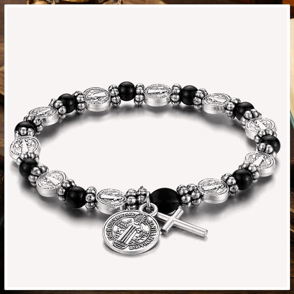 Pulsera Rosario de Plata con Medalla de San Benito
