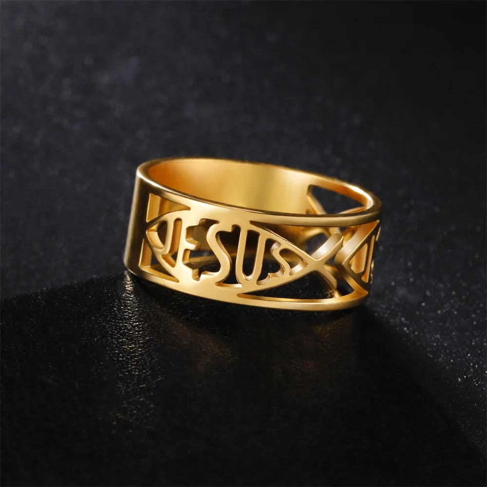 Anillo Religioso de Titanio con Esqueleto del Pez de Jesús