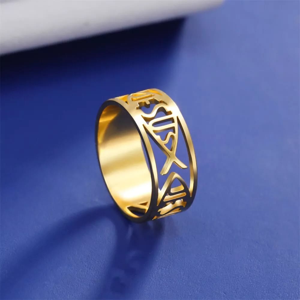Anillo Religioso de Titanio con Esqueleto del Pez de Jesús