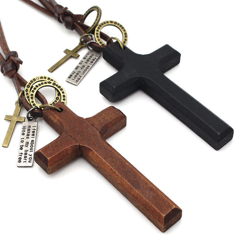Collar Ajustable de Cuero con Cruz de Madera Vintage