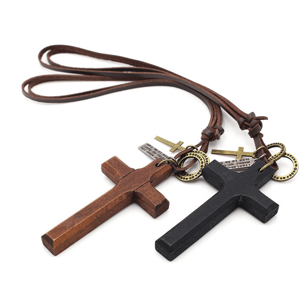 Collar Ajustable de Cuero con Cruz de Madera Vintage