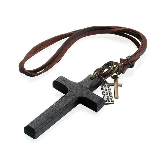 Collar Ajustable de Cuero con Cruz de Madera Vintage