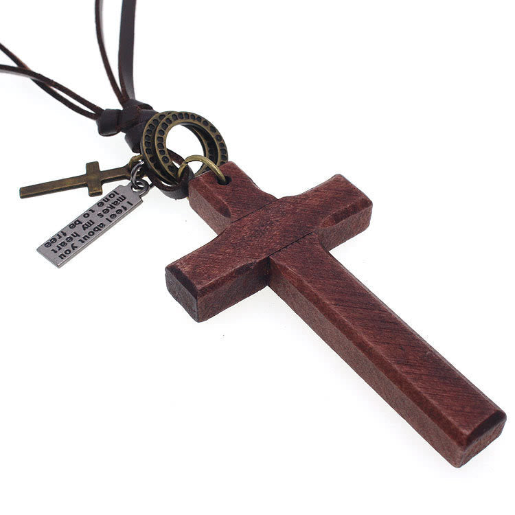 Collar Ajustable de Cuero con Cruz de Madera Vintage