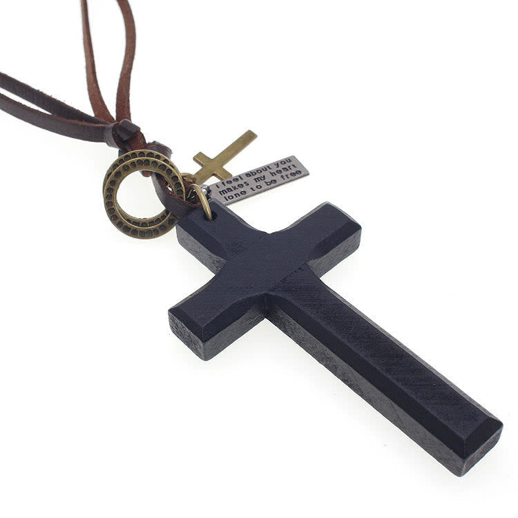 Collar Ajustable de Cuero con Cruz de Madera Vintage