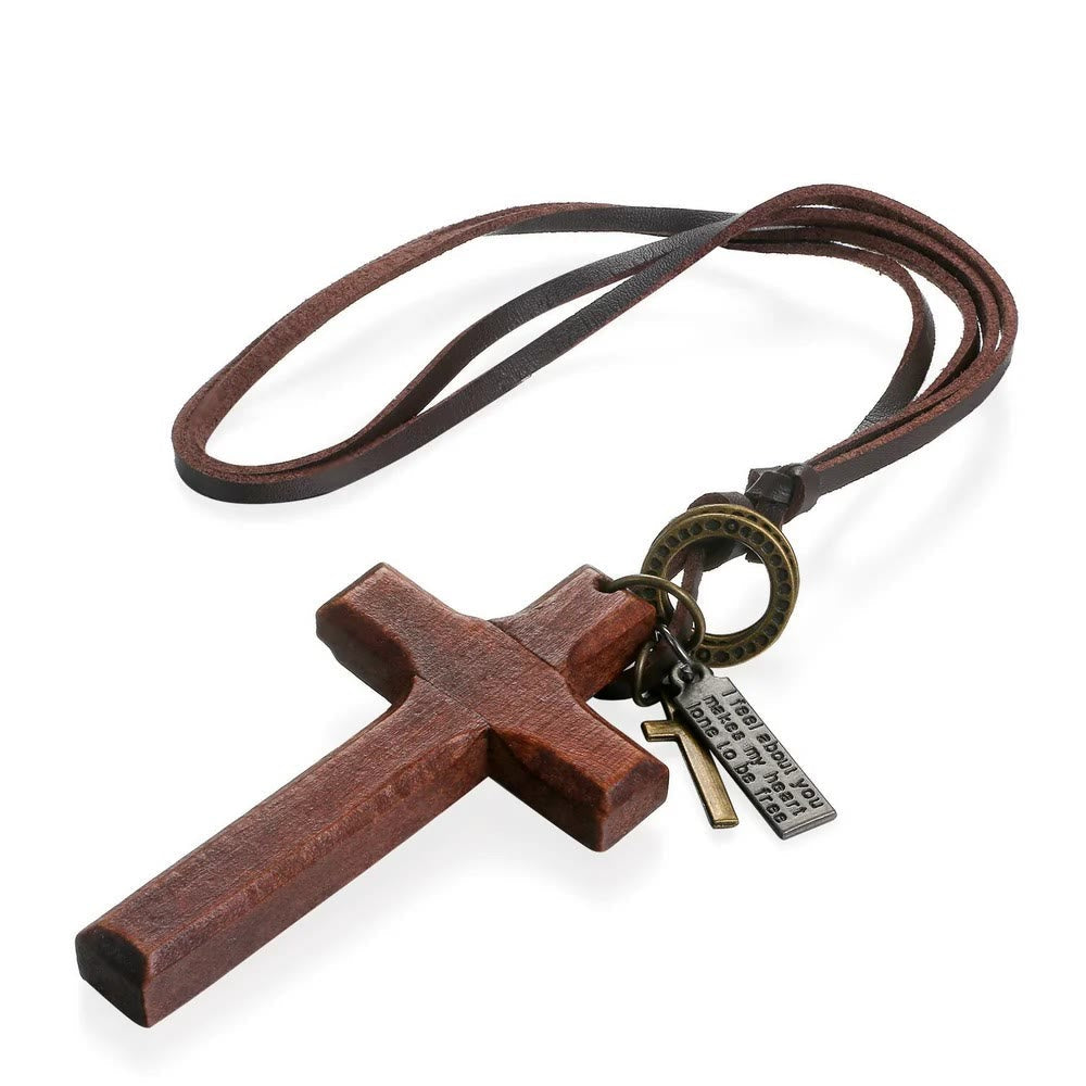 Collar Ajustable de Cuero con Cruz de Madera Vintage