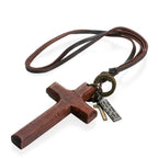 Collar Ajustable de Cuero con Cruz de Madera Vintage
