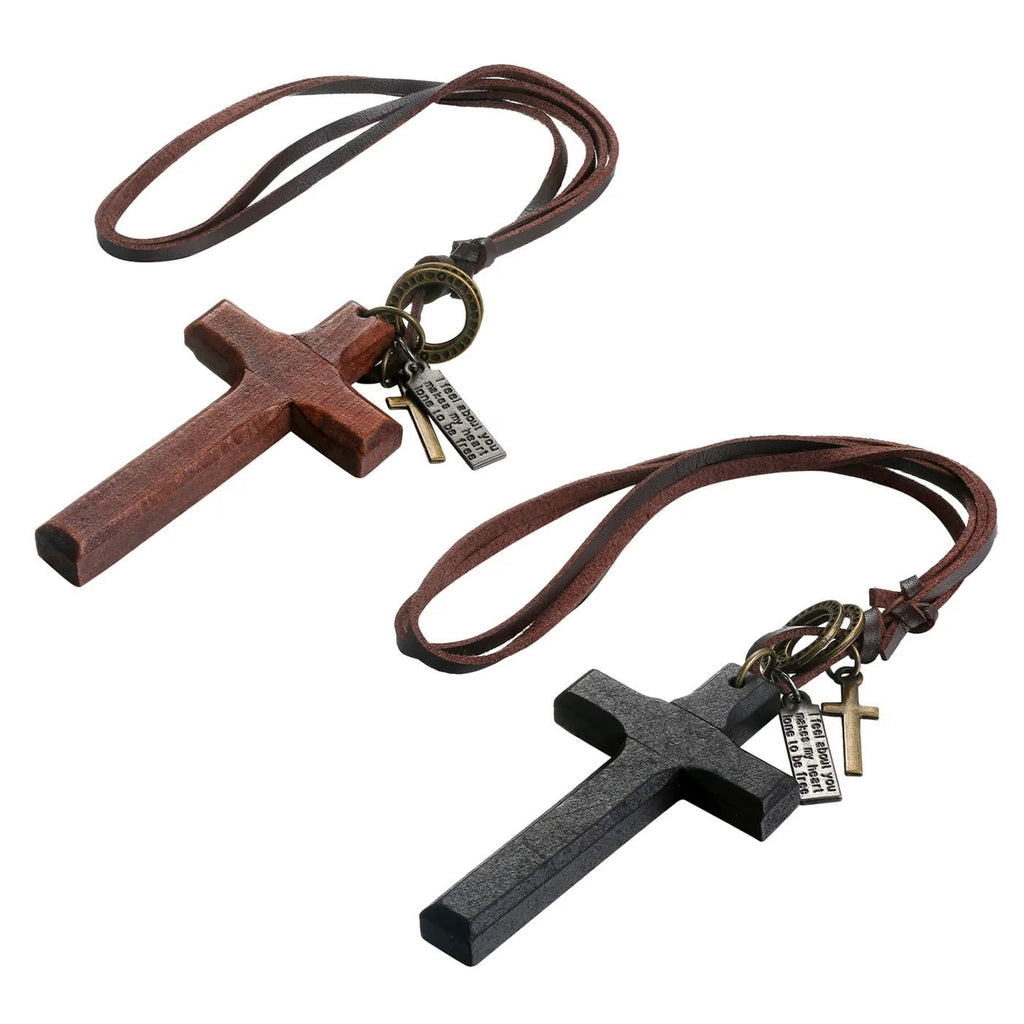 Collar Ajustable de Cuero con Cruz de Madera Vintage
