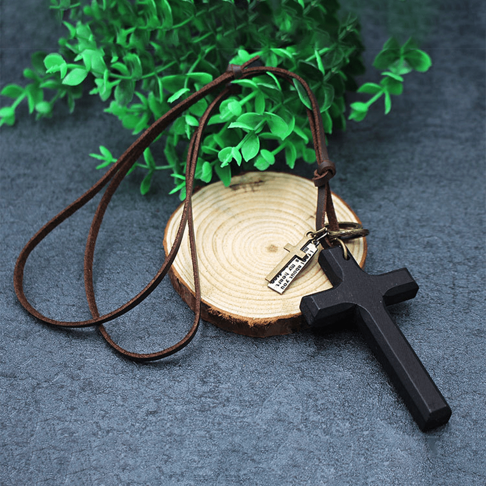 Collar Ajustable de Cuero con Cruz de Madera Vintage