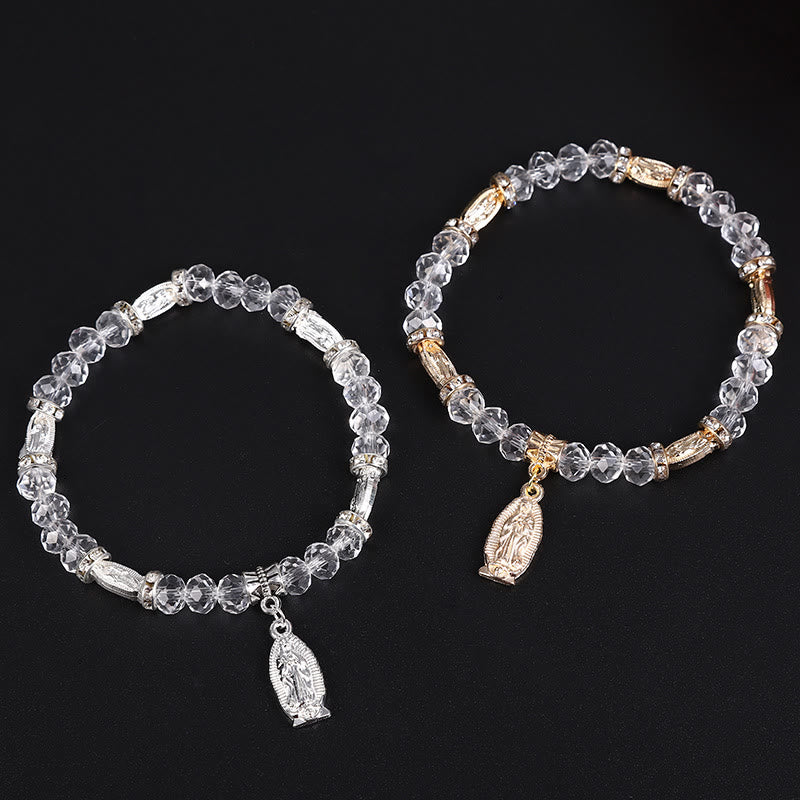 Pulsera de Cuentas de Cristal Transparente con Dije de la Virgen María