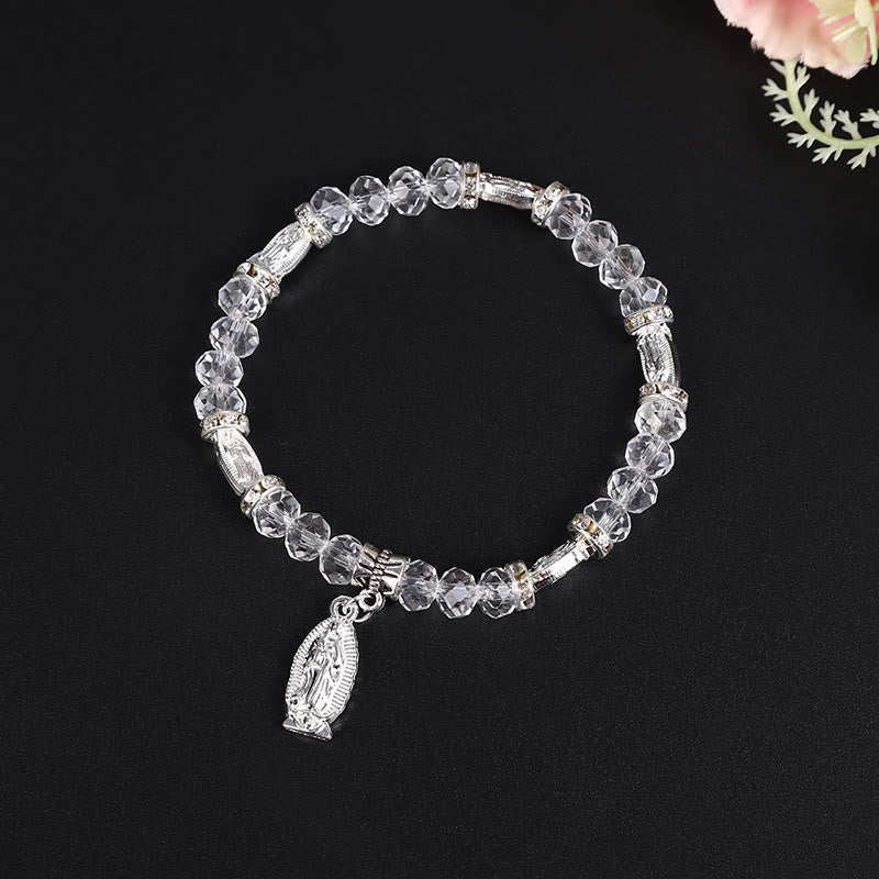 Pulsera de Cuentas de Cristal Transparente con Dije de la Virgen María
