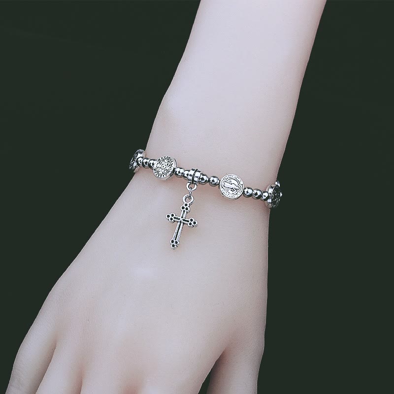 Pulsera Temática de San Benito con Dije de Cruz de Metal