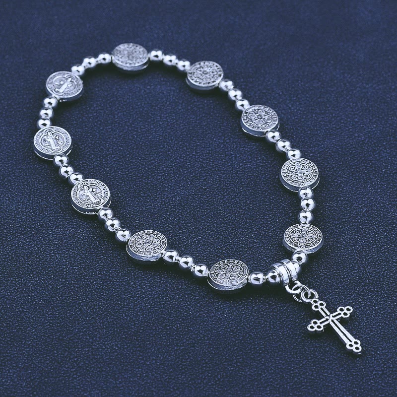 Pulsera Temática de San Benito con Dije de Cruz de Metal