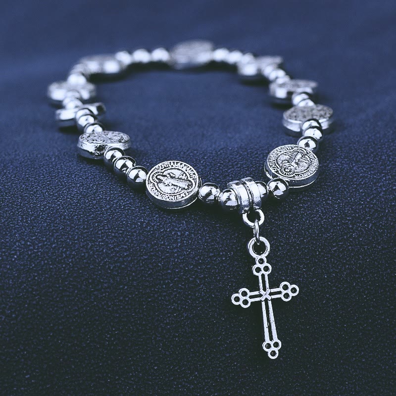 Pulsera Temática de San Benito con Dije de Cruz de Metal