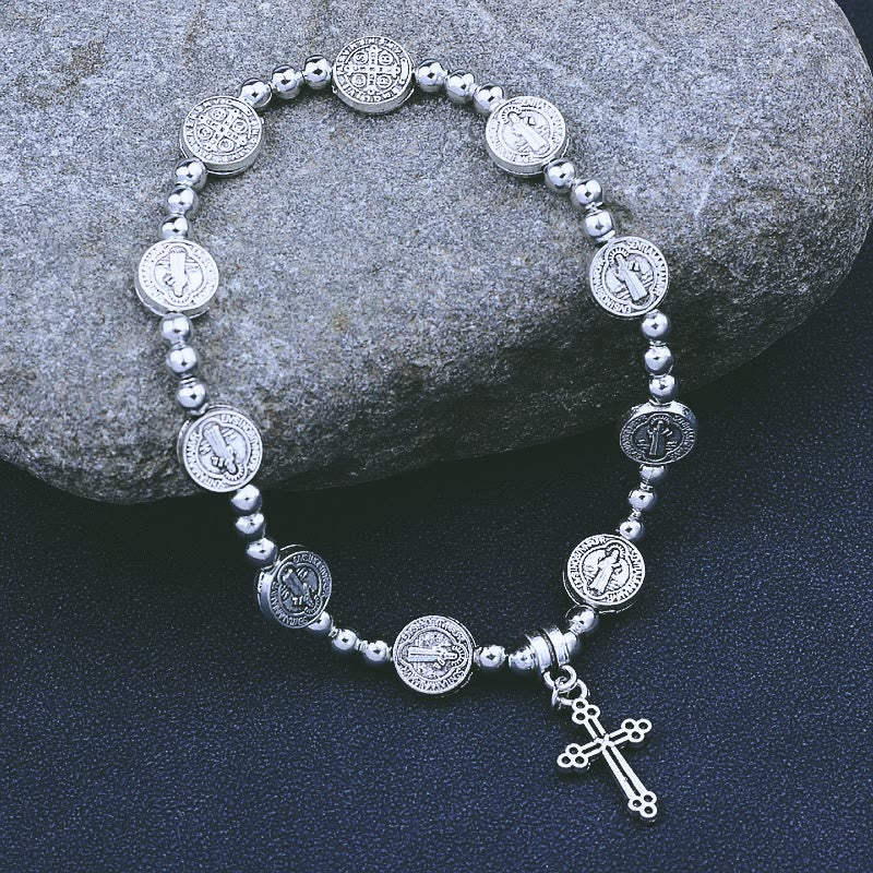 Pulsera Temática de San Benito con Dije de Cruz de Metal