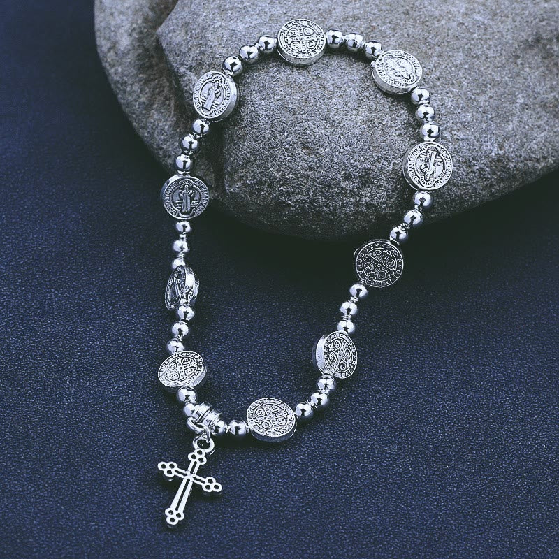 Pulsera Temática de San Benito con Dije de Cruz de Metal