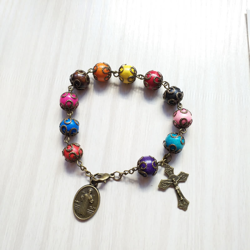 Pulsera de Madera en Colores Antiguos con San Benito y Crucifijo