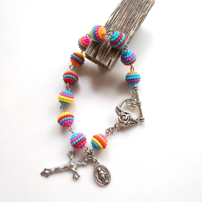 Pulsera Religiosa de Cuentas Arcoíris de Jesús y María