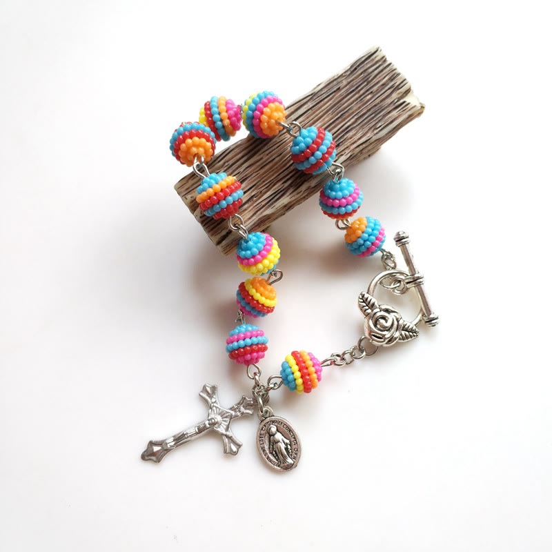 Pulsera Religiosa de Cuentas Arcoíris de Jesús y María