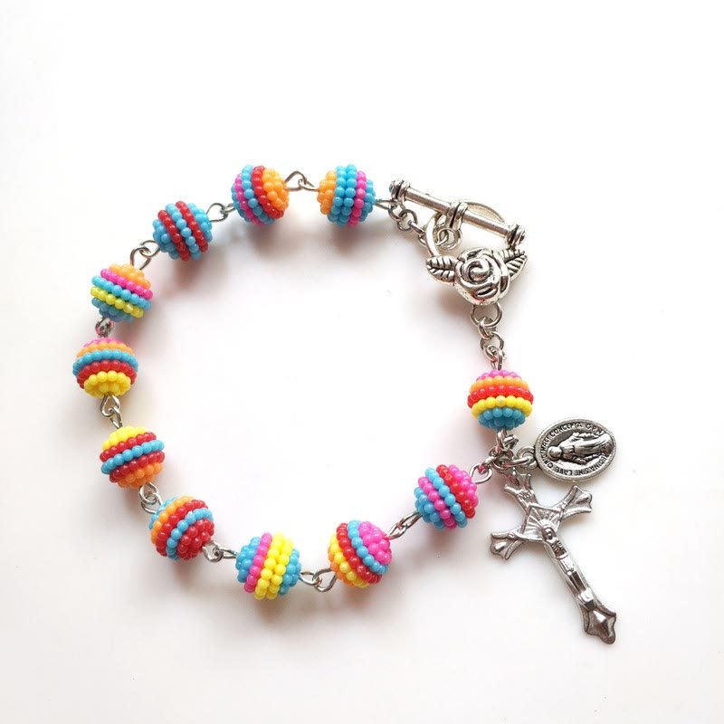 Pulsera Religiosa de Cuentas Arcoíris de Jesús y María