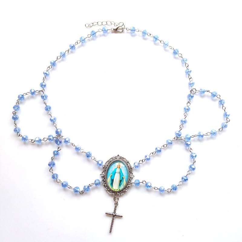 Cadena Clavicular de Cristal Azul con Dije de Cristal de la Virgen Milagrosa