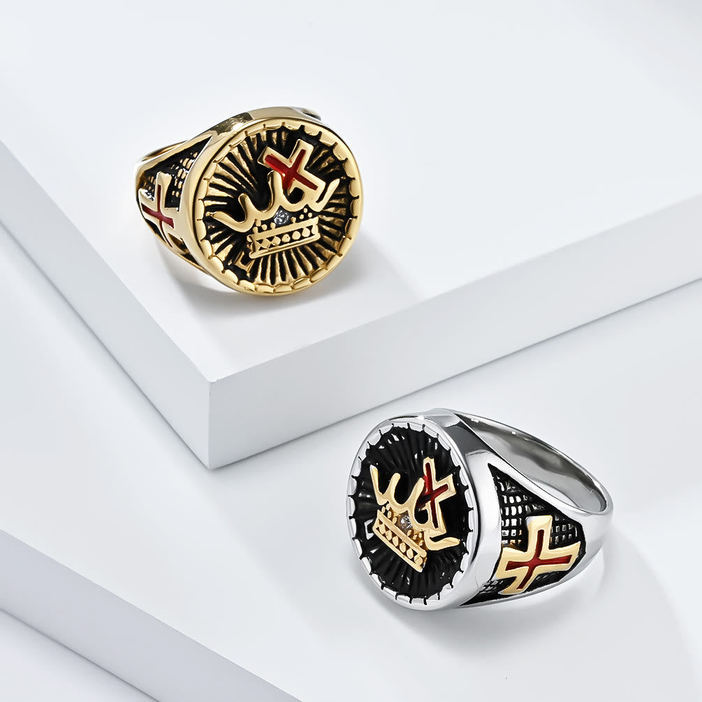 Anillo de Titanio con Cruz y Corona Estilo Retro