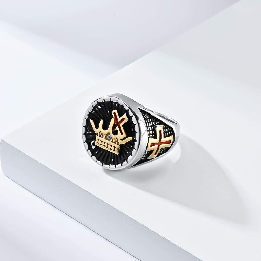 Anillo de Titanio con Cruz y Corona Estilo Retro