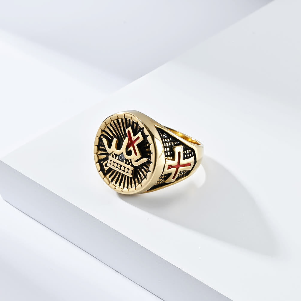 Anillo de Titanio con Cruz y Corona Estilo Retro