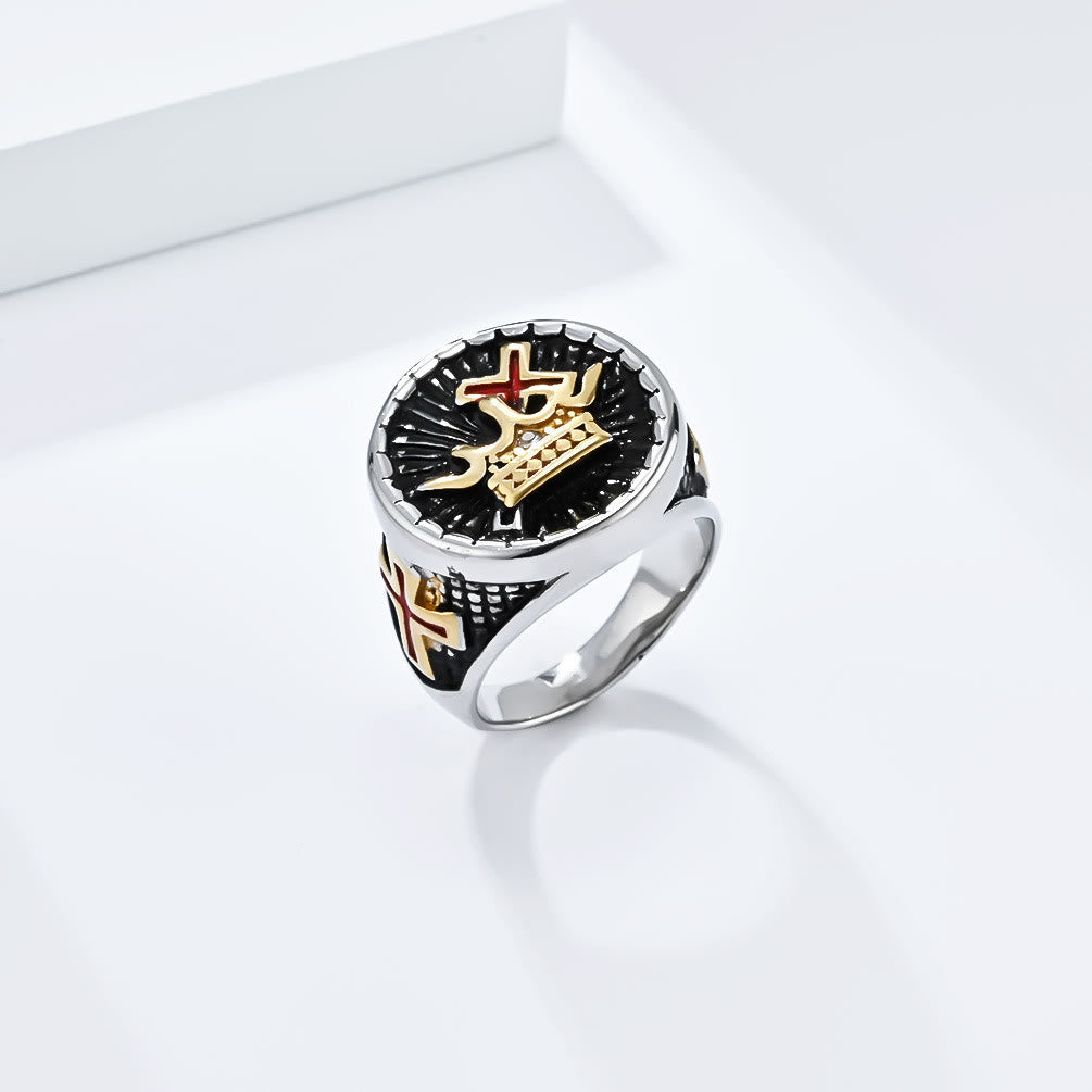 Anillo de Titanio con Cruz y Corona Estilo Retro