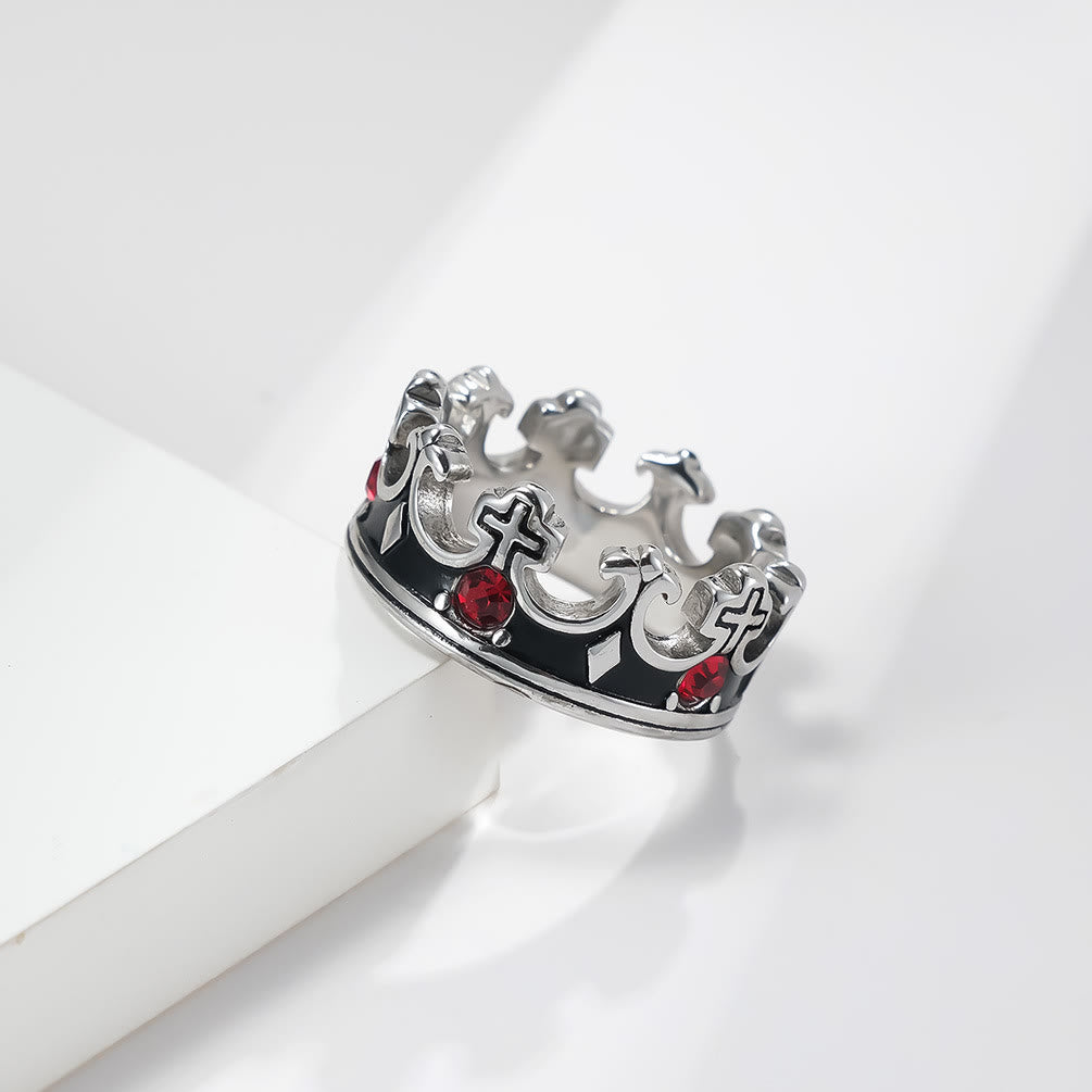 Anillo de Titanio con Cruz Corona Papal y Gema Roja Estilo Retro
