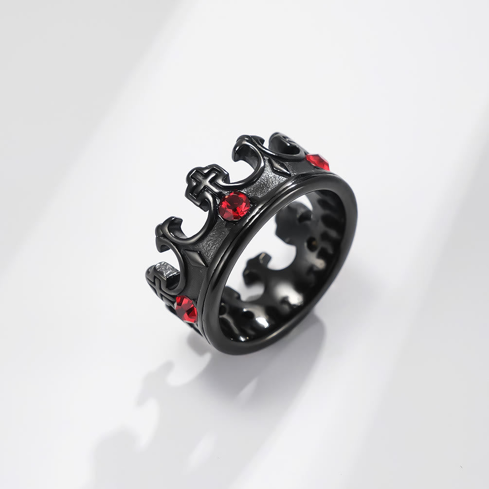 Anillo de Titanio con Cruz Corona Papal y Gema Roja Estilo Retro