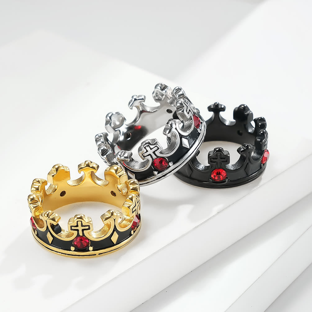Anillo de Titanio con Cruz Corona Papal y Gema Roja Estilo Retro