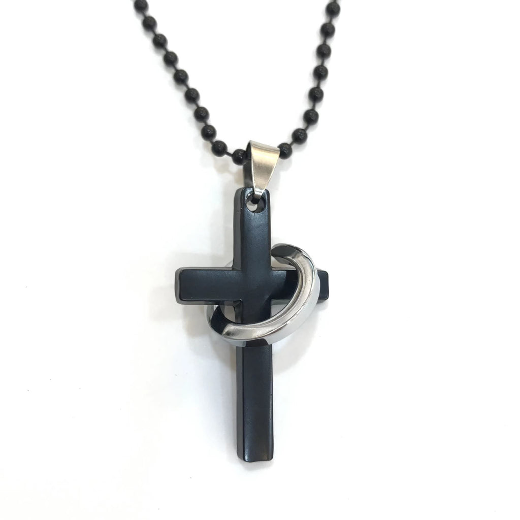 Collar de Aleación con Anillo de Cruz y Dije Negro Estilo Minimalista