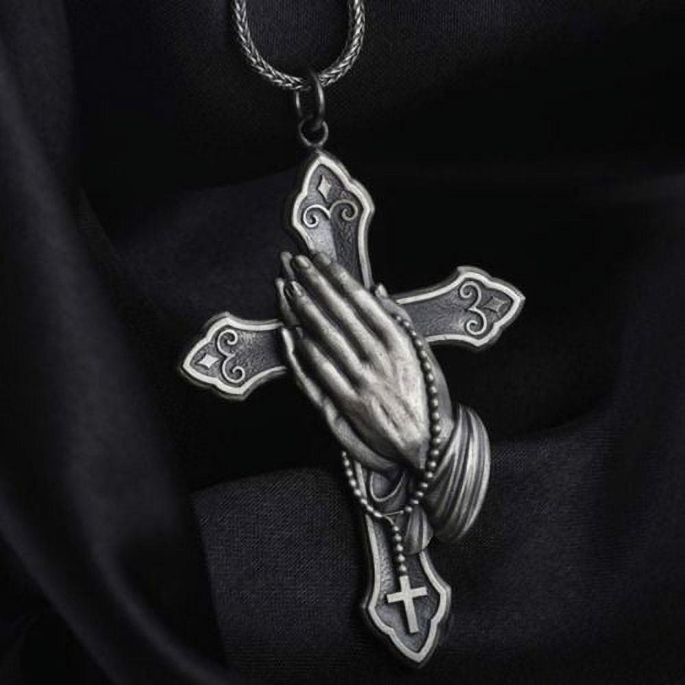 Collar de Titanio con Dije de Cruz y Manos Orando Estilo Clásico
