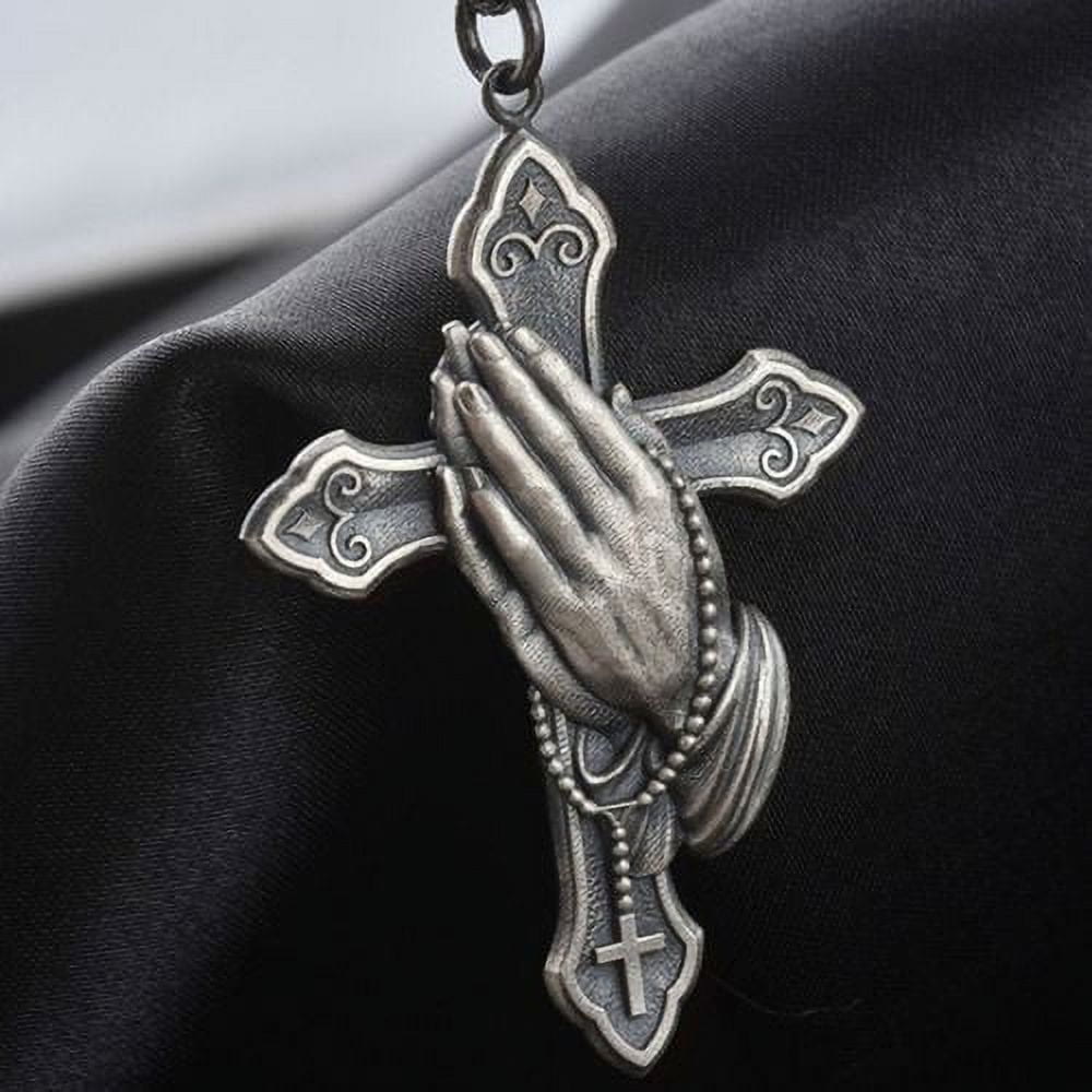 Collar de Titanio con Dije de Cruz y Manos Orando Estilo Clásico