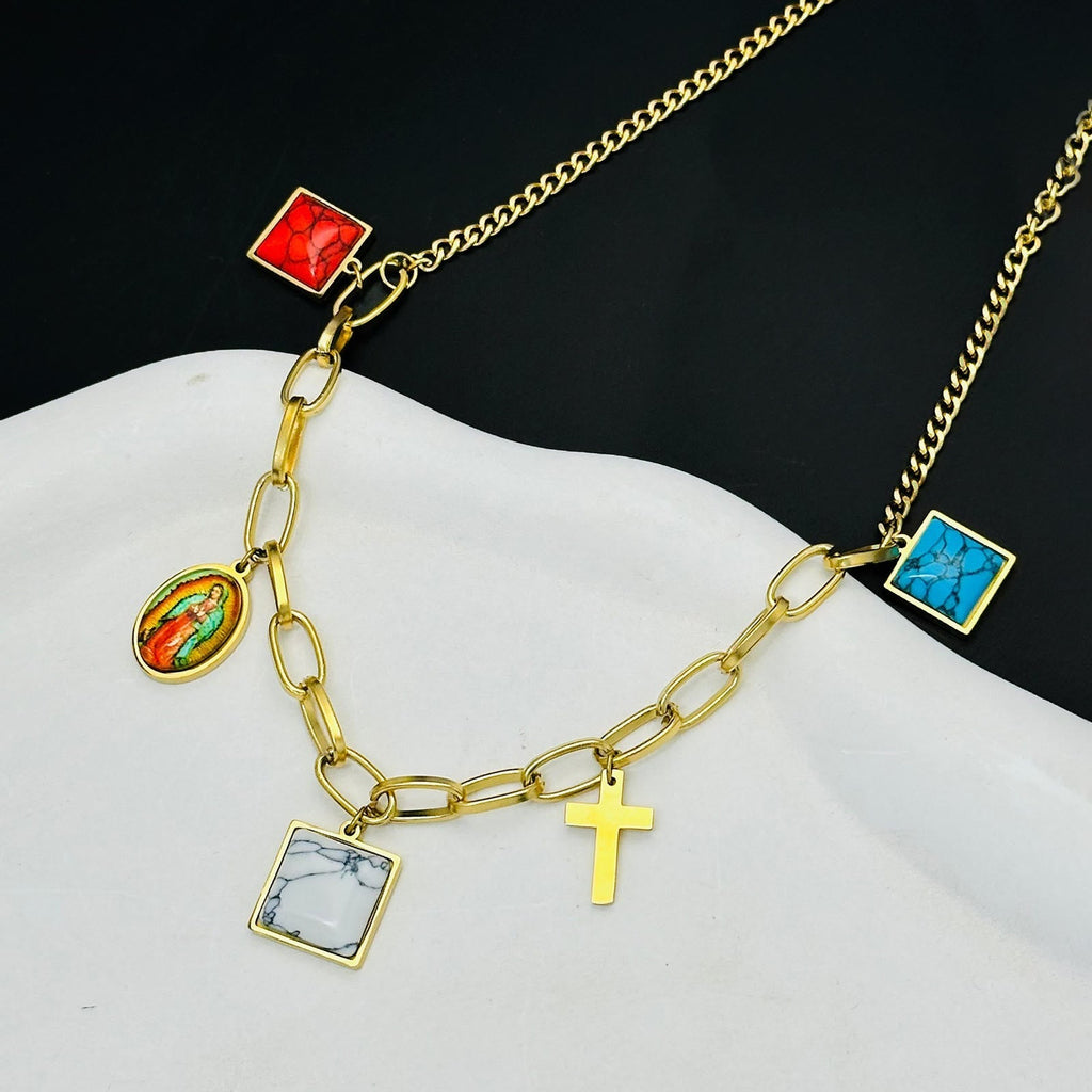 Gargantilla Casual de Cruz de Turquesa con la Virgen de Guadalupe